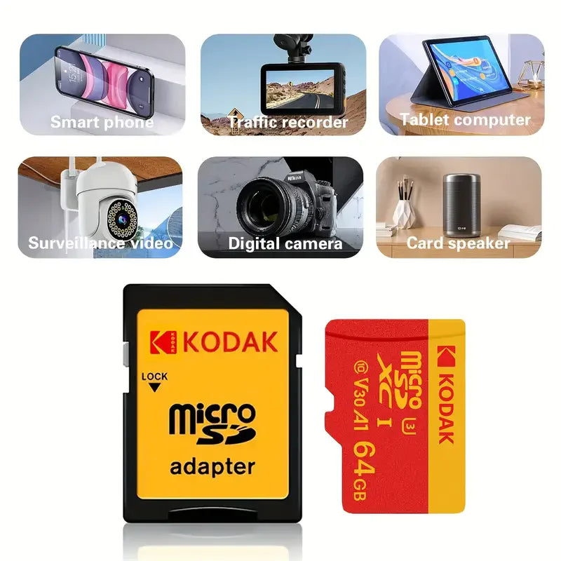 Kodak High Speed Micro SD Card U3 Class 10, up to 100MB/s, TF Memory Card with Adapter - Available in 32GB, 64GB, and 128GB