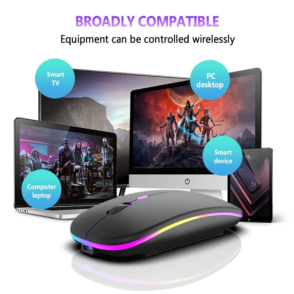 Wireless Mouse Bluetooth and 2.4GHz Dual Modes Rechargeable RGB Ergonomic Silent Click