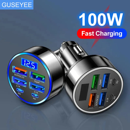 100W 6 Ports Car Charger Fast Charging PD QC3.0 USB C Car Phone Charger Type C Adapter in Car