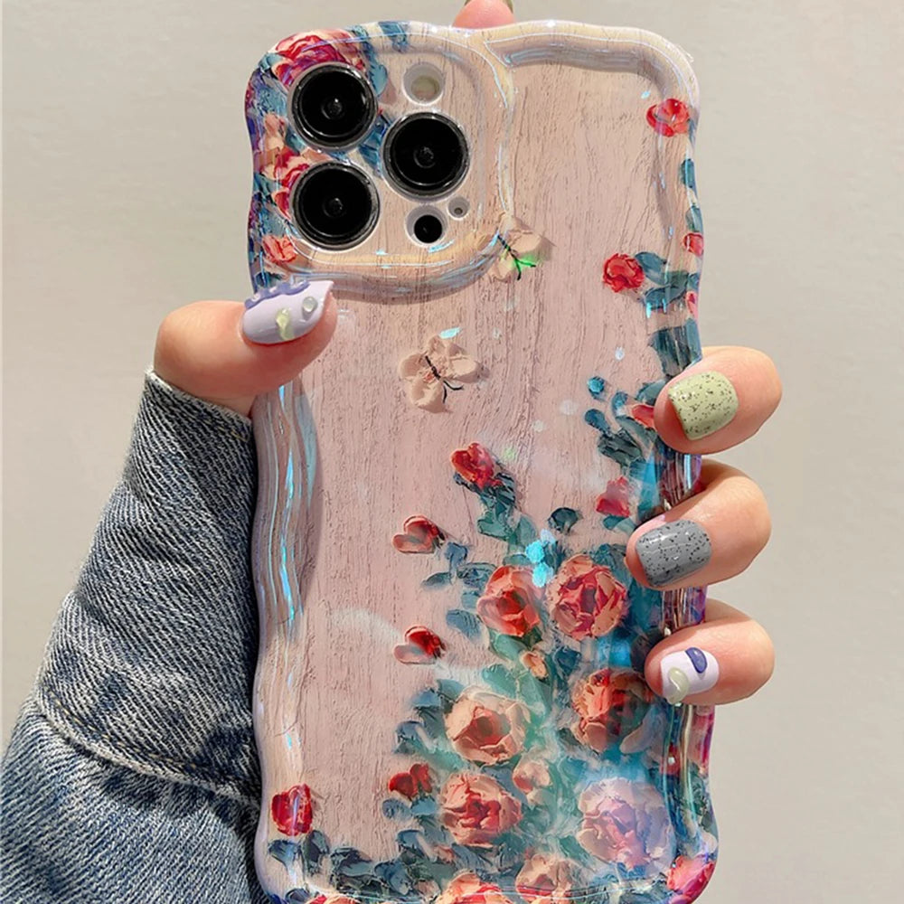 Retro Oil Painting Phone Case For iPhone Flower Print Shockproof Silicone Cover