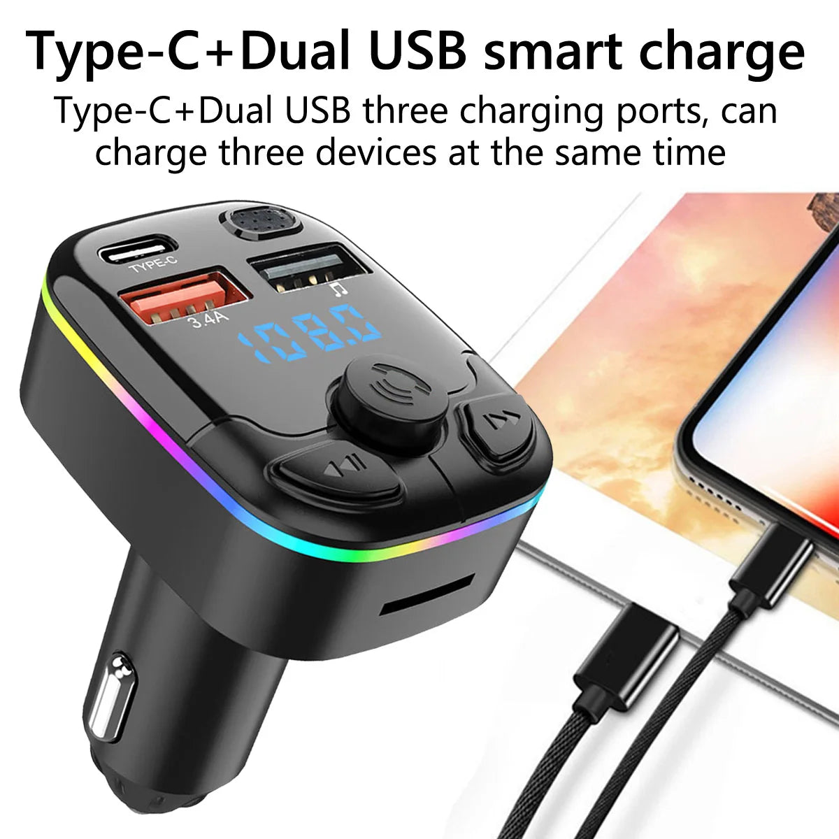 Wireless FM Transmitter MP3 Player Dual USB Type C Car Charger Handsfree