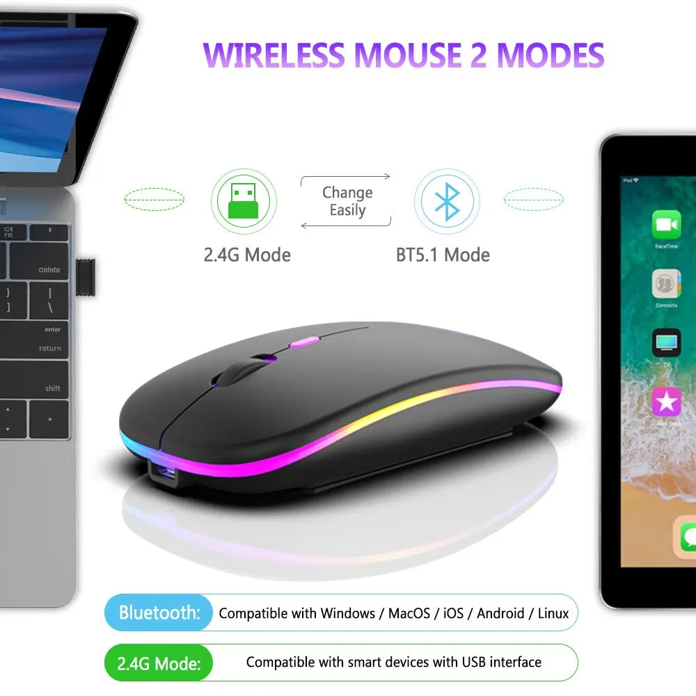 Wireless Mouse Bluetooth and 2.4GHz Dual Modes Rechargeable RGB Ergonomic Silent Click