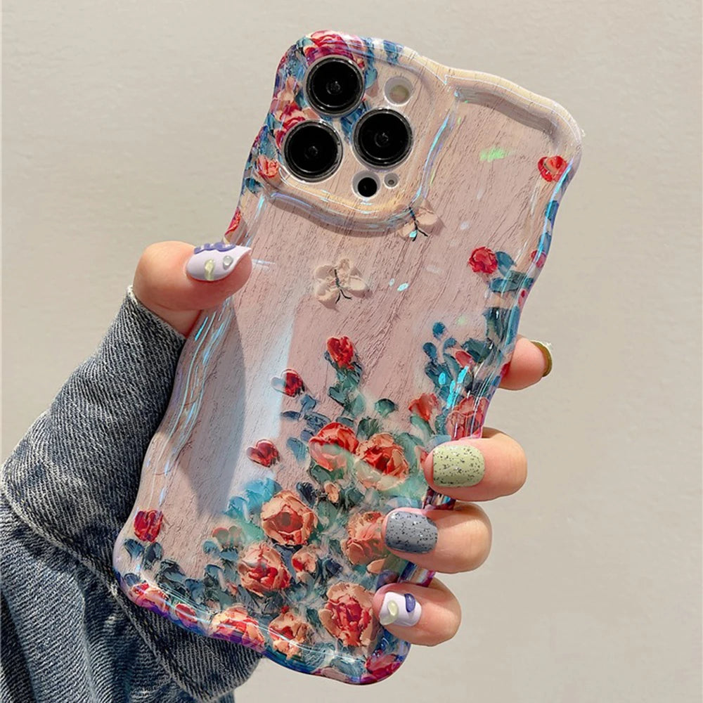 Retro Oil Painting Phone Case For iPhone Flower Print Shockproof Silicone Cover