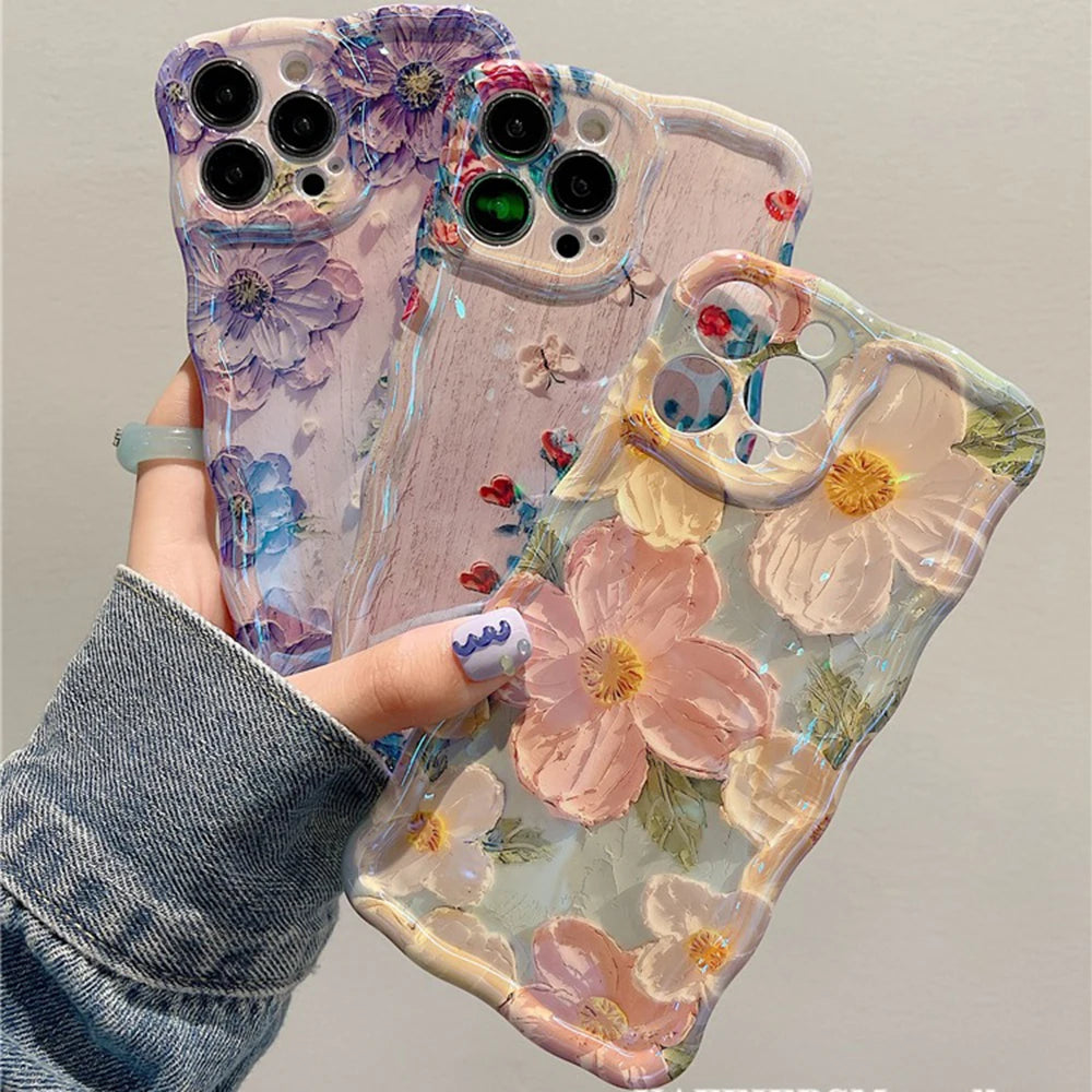 Retro Oil Painting Phone Case For iPhone Flower Print Shockproof Silicone Cover