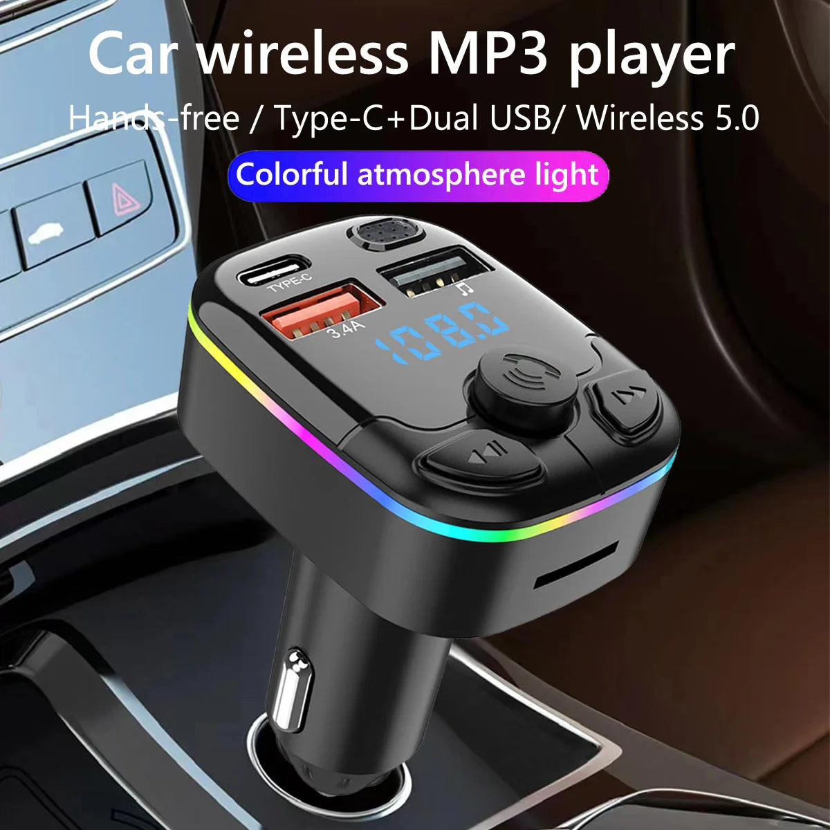 Wireless FM Transmitter MP3 Player Dual USB Type C Car Charger Handsfree