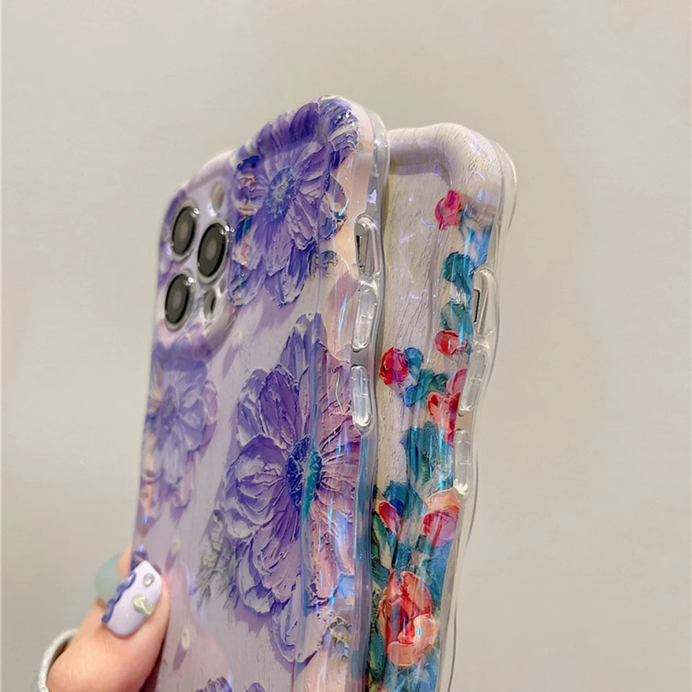 Retro Oil Painting Phone Case For iPhone Flower Print Shockproof Silicone Cover