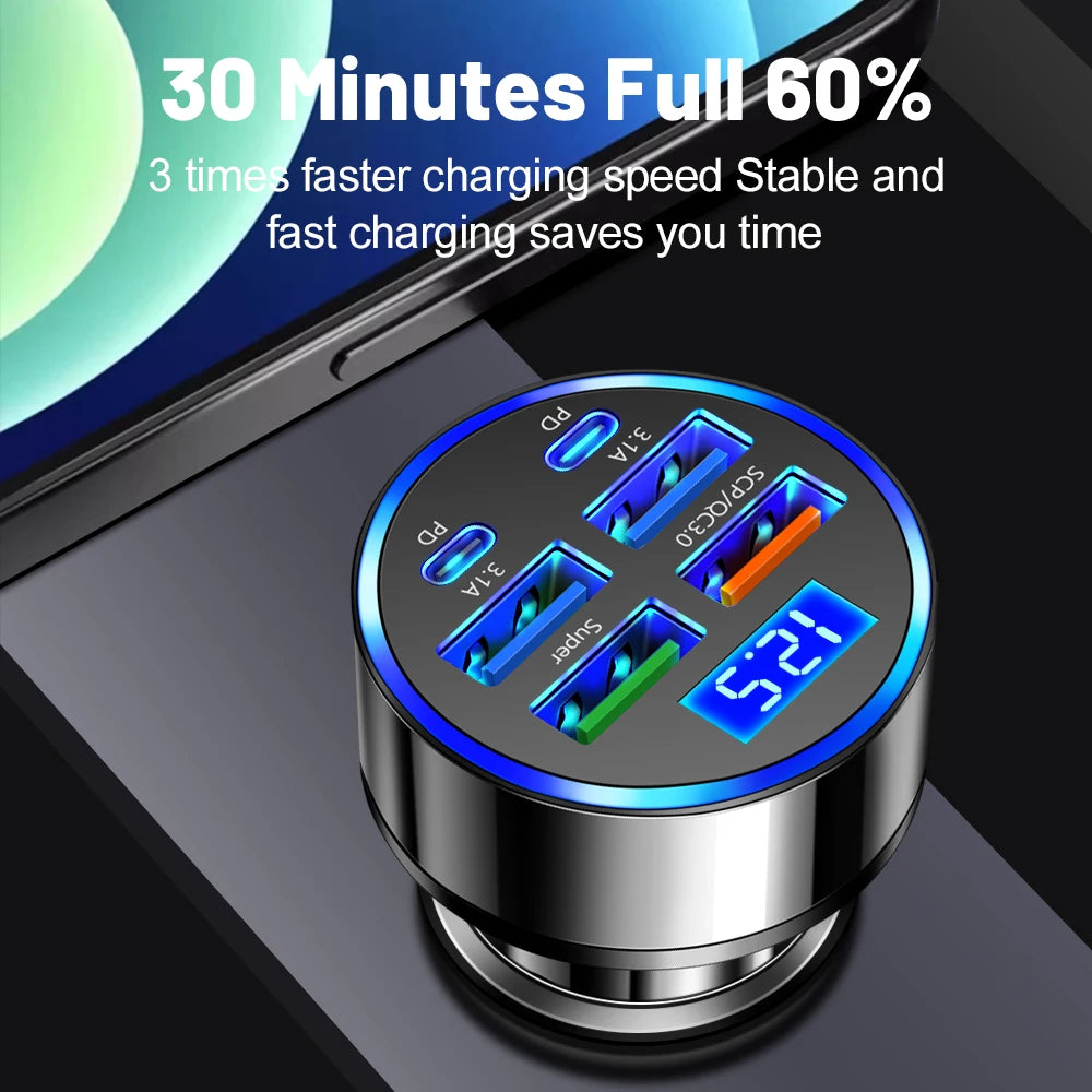 100W 6 Ports Car Charger Fast Charging PD QC3.0 USB C Car Phone Charger Type C Adapter in Car